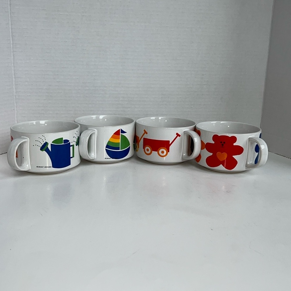 Vintage Grant Howard Rainbow Kid's Toys Stackable Mugs Playful Graphic Ceramic.